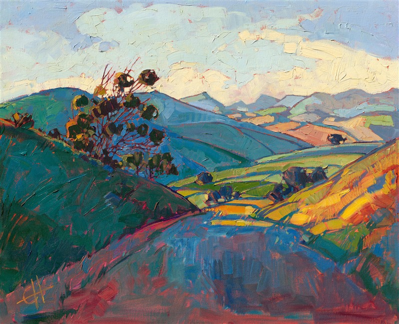 Beautiful soft springtime light dances off the rounded hills of central California, near San Luis Obispo. The brush strokes are thick and full of texture and motion. This painting captures the beautiful colors and light of wine country.
