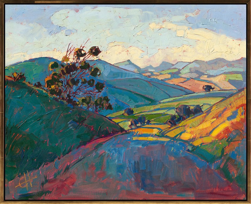 Beautiful soft springtime light dances off the rounded hills of central California, near San Luis Obispo. The brush strokes are thick and full of texture and motion. This painting captures the beautiful colors and light of wine country.