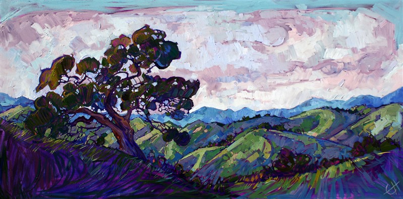 Beautiful green, California hills bathed in summer light. The paint is applied in thick, loose brush strokes.