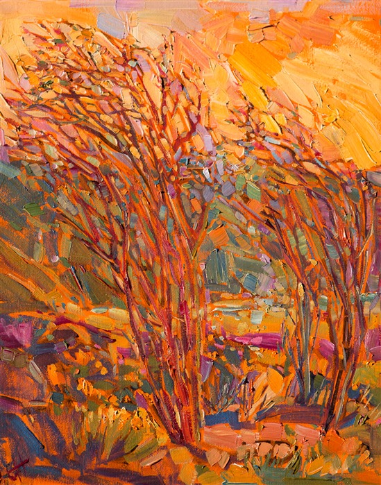The stately Ocotillo cactus grows in abundance in the southern part of Joshua Tree National Park, their long stalks covered in red bird-like flowers in the springtime.  This painting captures the movement and life of the California desert.</p><p>This small oil painting was created on 3/4" canvas and arrives framed in a classic gilt frame, ready to hang.</p><p>Exhibited: St George Art Museum, Utah, in a solo exhibition celebrating the National Park's centennial: <i><a href="https://www.erinhanson.com/Event/ErinHansonMuseumShow2016" target="_blank">Erin Hanson's Painted Parks</a></i>, 2016.