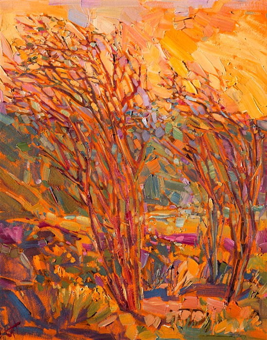 The stately Ocotillo cactus grows in abundance in the southern part of Joshua Tree National Park, their long stalks covered in red bird-like flowers in the springtime.  This painting captures the movement and life of the California desert.

This small oil painting was created on 3/4" canvas and arrives framed in a classic gilt frame, ready to hang.

Exhibited: St George Art Museum, Utah, in a solo exhibition celebrating the National Park's centennial: <i><a href="https://www.erinhanson.com/Event/ErinHansonMuseumShow2016" target="_blank">Erin Hanson's Painted Parks</a></i>, 2016.