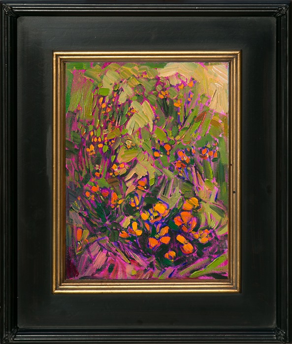 A loose and expressionistic painting of California poppies, this small oil painting is alive with color and motion.  This is a perfect piece for collectors of modern impressionism.</p><p>This painting was done on 3/4"-deep stretched canvas.  It has been framed in a classic plein air frame and arrives wired and ready to hang.