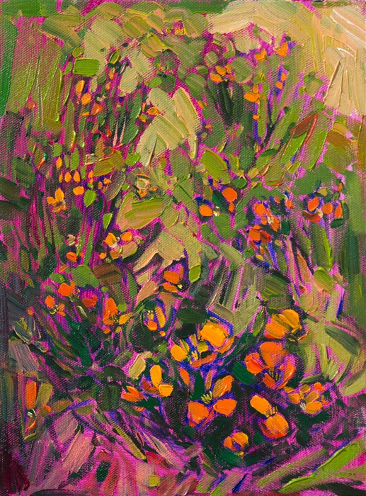 A loose and expressionistic painting of California poppies, this small oil painting is alive with color and motion.  This is a perfect piece for collectors of modern impressionism.

This painting was done on 3/4"-deep stretched canvas.  It has been framed in a classic plein air frame and arrives wired and ready to hang.