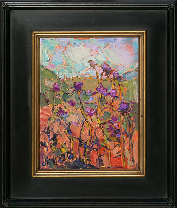 This is a petite oil painting, a loosely abstract vision of roadside thistles growing in Paso Robles, California.  This painting utilizes soft greens and yellows of the distant hills to make the bright purple thistles in the foreground pop.</p><p>This painting was done on 3/4"-deep stretched canvas.  It has been framed in a classic plein air frame and arrives wired and ready to hang.