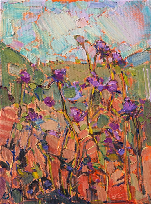 This is a petite oil painting, a loosely abstract vision of roadside thistles growing in Paso Robles, California.  This painting utilizes soft greens and yellows of the distant hills to make the bright purple thistles in the foreground pop.</p><p>This painting was done on 3/4"-deep stretched canvas.  It has been framed in a classic plein air frame and arrives wired and ready to hang.