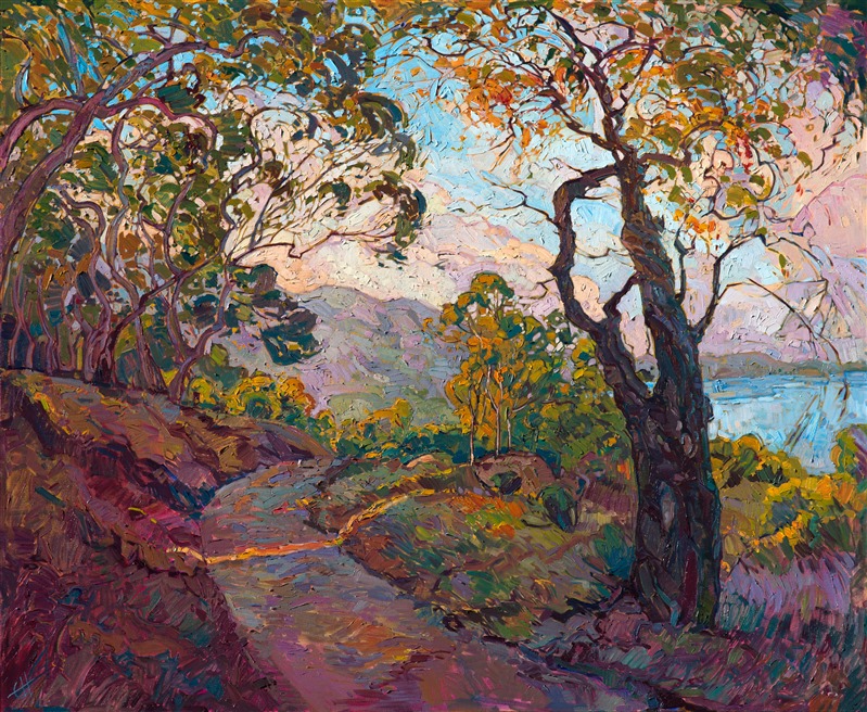 An inviting coastal path near La Jolla, California, beckons you to wander down the eucalyptus-lined trail to the sheltered cove below.  Thick, impressionistic brush strokes express the life and energy of a beautiful landscape with vivid color.  Following the tradition of the California impressionists, but with a dash of modern flair, this is a perfect example of Hanson's signature style, Open Impressionism.

This painting was created on 2" museum-depth canvas, with the painting continued around the edges of the stretched canvas. It arrives ready to hang without a frame. (Please contact the artist if you would like information on framing options for this painting.)