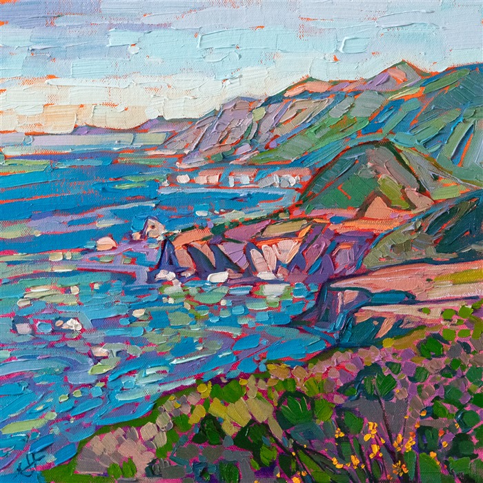 Highway 1 in central California provides endless inspiration along its ever-winding curves. This painting captures the grand view in a small canvas of 12 x 12 inches, with vivid color and impressionist brush strokes.

"California View" was created on canvas board, and it arrives framed in a gold plein air frame.