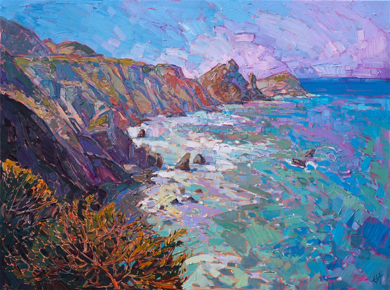 Driving south along the California 1 highway leads you to breathtaking vista after breathtaking vista.  This early morning view was captured in thick oils and an expressionistic stroke of the brush.  The luscious colors are vibrant and alive with motion.

This painting was created on gallery-depth canvas, with the painting continued around the sides of the canvas. 