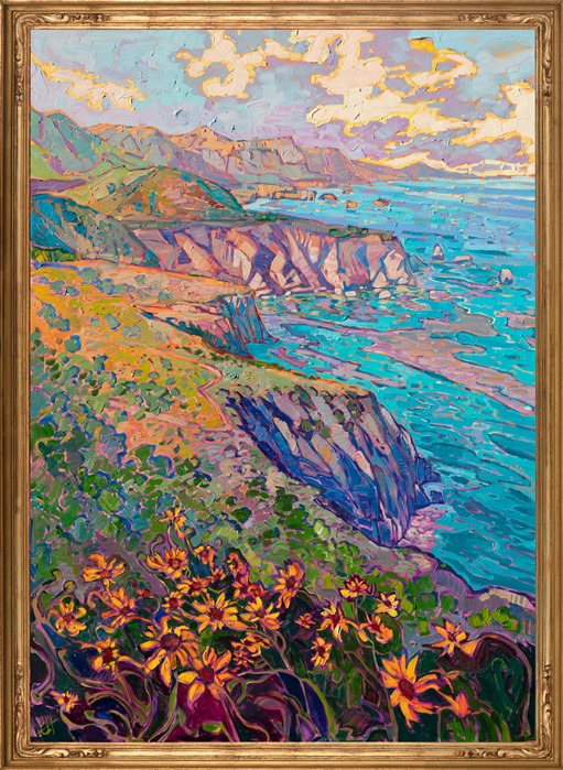 Highway 1 blooms with springtime color in this large, impressionistic oil painting by Erin Hanson. The thickly applied paint vibrates wtih color, and the motion of the brush strokes pulls you through the painting and lets you escape into your imagination.</p><p>"California in Bloom" was created on 3/4" canvas. The piece arrives in a hand-carved and gilded impressionist frame.