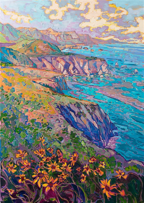 Highway 1 blooms with springtime color in this large, impressionistic oil painting by Erin Hanson. The thickly applied paint vibrates with color, and the motion of the brush strokes pulls you through the painting and lets you escape into your imagination.

"California in Bloom" was created on 3/4" canvas. The piece arrives in a hand-carved and gilded impressionist frame.