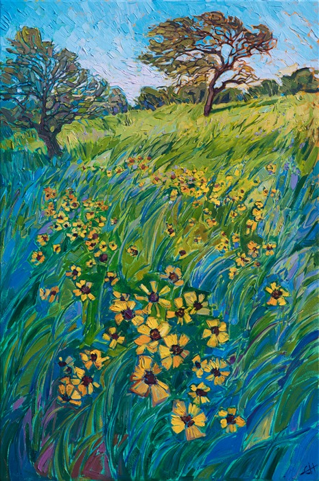 A waterfall of canary-yellow wildflowers tumble down the grassy slope in this springtime oil painting. Lavish color and vivid brush strokes capture the beauty of the wide outdoors and fresh, morning sunlight.</p><p>This painting was created on 1-1/2" canvas, and the piece has been framed in a custom gold floater frame, ready to hang.