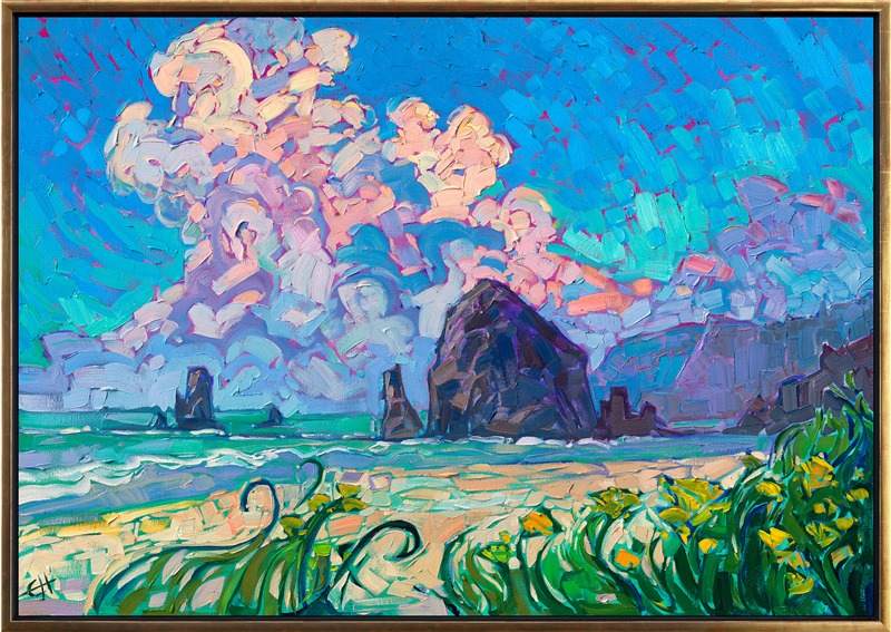 Cannon Beach is a popular coastal destination along the Oregon coast, home to the famous Haystack Rock. This painting captures Oregon's vibrant green and blue hues with thick, impasto paint and an impressionistic eye.</p><p>"Cannon Beach" is an original oil painting by Erin Hanson, created in her signature Open Impressionism style. The painting arrives framed in a contemporary gold floater frame, ready to hang.
