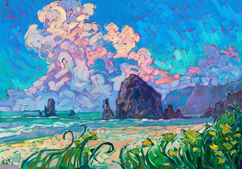 Cannon Beach is a popular coastal destination along the Oregon coast, home to the famous Haystack Rock. This painting captures Oregon's vibrant green and blue hues with thick, impasto paint and an impressionistic eye.</p><p>"Cannon Beach" is an original oil painting by Erin Hanson, created in her signature Open Impressionism style. The painting arrives framed in a contemporary gold floater frame, ready to hang.