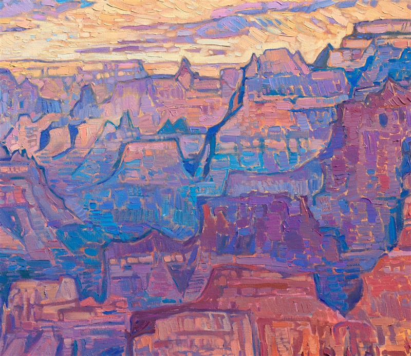 The Grand Canyon is a painter's paradise... every morning and every sunset the canyon looks different. This painting was inspired by an early morning out at Hopi Point. As the clouds moved slowly overhead, the first rays of dawn shot through the cloud layer and illuminated the canyon below in an ever-changing dance of color and light. I used thick, expressive strokes of oil paint to capture the strength and majesty of the vista.</p><p>"Canyon's First Light" will be on display at The Erin Hanson Gallery for <i><a href="https://www.erinhanson.com/Event/colossalcollection2025" target="_blank">The Colossal Collection</i></a> on August 9th, 2025. You are welcome to join us for the Artist's reception! You may purchase this painting in advance, but the piece will not ship until after August 9th.