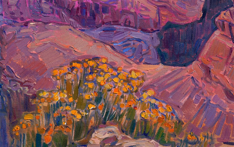 The Grand Canyon is a painter's paradise... every morning and every sunset the canyon looks different. This painting was inspired by an early morning out at Hopi Point. As the clouds moved slowly overhead, the first rays of dawn shot through the cloud layer and illuminated the canyon below in an ever-changing dance of color and light. I used thick, expressive strokes of oil paint to capture the strength and majesty of the vista.</p><p>"Canyon's First Light" will be on display at The Erin Hanson Gallery for <i><a href="https://www.erinhanson.com/Event/colossalcollection2025" target="_blank">The Colossal Collection</i></a> on August 9th, 2025. You are welcome to join us for the Artist's reception! You may purchase this painting in advance, but the piece will not ship until after August 9th.