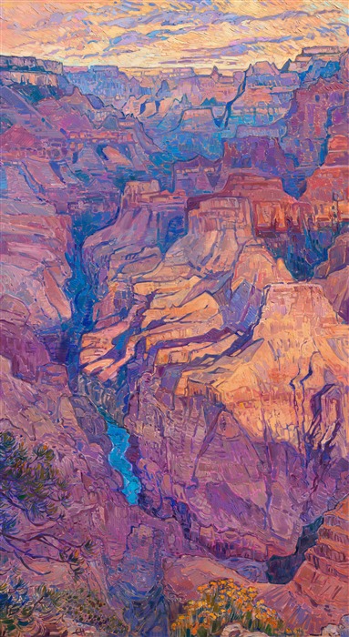 The Grand Canyon is a painter's paradise... every morning and every sunset the canyon looks different. This painting was inspired by an early morning out at Hopi Point. As the clouds moved slowly overhead, the first rays of dawn shot through the cloud layer and illuminated the canyon below in an ever-changing dance of color and light. I used thick, expressive strokes of oil paint to capture the strength and majesty of the vista.

"Canyon's First Light" will be on display at The Erin Hanson Gallery for <i><a href="https://www.erinhanson.com/Event/colossalcollection2025" target="_blank">The Colossal Collection</i></a> on August 9th, 2025. You are welcome to join us for the Artist's reception! You may purchase this painting in advance, but the piece will not ship until after August 9th.