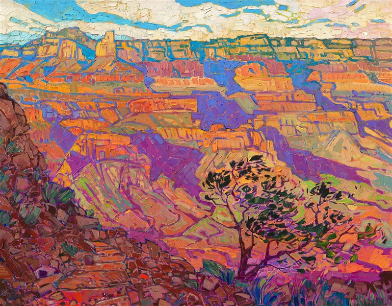A bold rainbow of color illuminates the canvas in this oil painting of the Grand Canyon. This piece was inspired by a hike down to the canyon floor on a sunny October day. The impressionistic brush strokes in this painting capture the momentary and ever-changing light of this dramatic vista.</p><p>"Canyon's Light" was created on 1-1/2" canvas, with the painting continued around the edges of the canvas. The painting arrives framed in a custom-made floater frame finished in 23kt gold leaf.</p><p>This painting is available for purchase at the Grand Canyon Celebration of Art</a>, 2019.