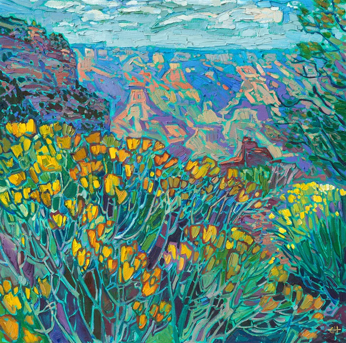 Yellow wildflowers bloom in abundance along the rim of the Grand Canyon in this painting by Erin Hanson. This work was done in Hanson's signature Open Impressionism style, with loose and confident brush strokes that do not overlap, creating a mosaic of color and texture across the canvas. </p><p>"Canyon Blooms" is an original oil painting on stretched canvas. The piece arrives framed in a gold floater frame, ready to hang.