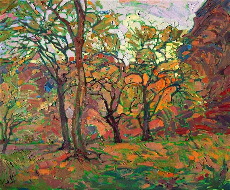 Canyon de Chelly looks beautiful in the autumn, as all the cottonwoods start to change color.  Their golden leaves flicker and dance in the light, while the red sandstone cliffs in the distance act as the perfect backdrop to the painting.</p><p>This painting was created on 3/4" canvas and arrives framed in a classic frame, ready to hang.</p><p>Exhibited: St George Art Museum, Utah, in a solo exhibition celebrating the National Park's centennial: <i><a href="https://www.erinhanson.com/Event/ErinHansonMuseumShow2016" target="_blank">Erin Hanson's Painted Parks</a></i>, 2016.