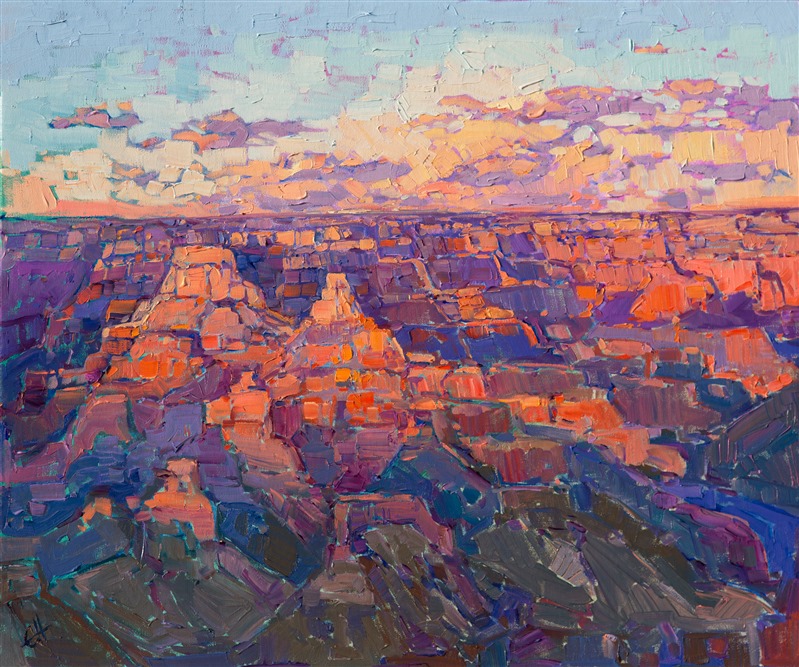 The Grand Canyon is full of abstract shapes, the angular rocks catching the light and casting shadows in an intriguing and surprising pattern.  This impressionistic take on the Grand Canyon captures the feeling you get looking down into the canyon from the south rim at sunset.

This painting arrives in a beautiful hand-carved and gilded gold frame.  It arrives wired and ready to hang on your wall.
