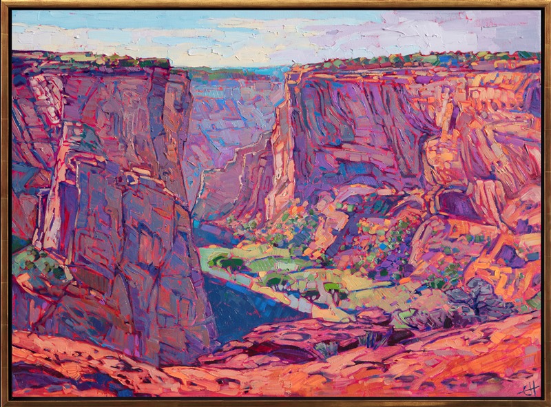 Lively color illuminates the canvas in this painting of Canyon de Chelly, Arizona. Early morning sun rays streak down the red rock cliffs and fill the canyon with glowing light. Impressionistic brush strokes capture the transience of the moment. </p><p>This painting was created on 1-1/2" canvas, with the painting continued around the edges. The piece arrives framed in a contemporary gold floater frame, ready to hang.