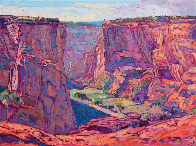 Lively color illuminates the canvas in this painting of Canyon de Chelly, Arizona. Early morning sun rays streak down the red rock cliffs and fill the canyon with glowing light. Impressionistic brush strokes capture the transience of the moment. </p><p>This painting was created on 1-1/2" canvas, with the painting continued around the edges. The piece arrives framed in a contemporary gold floater frame, ready to hang.