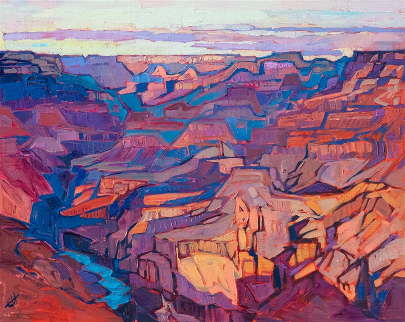 The view from Lipan Point, east of Grand Canyon Village, lets you see all the way down to the canyon floor, where you can watch the Colorado River make its slow passage. This painting captures the color of Grand Canyon at dawn.</p><p>"Canyon Edge" was created on fine linen board, and the painting arrives framed in a hand-carved and gilded plein air frame.