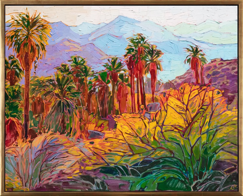 Hiking in Indian Canyons near Palm Springs is a wonderful experience. You are never far from the sounds of the oasis waters nearby, and the cool shade of the palms and ferns protect you from the desert heat beyond. This impressionist oil painting captures the wild beauty and color of the desert.</p><p>"Canyon Palms" was created on 1-1/2" canvas, with the painting continued around the edges. The piece arrives framed in a contemporary gold floater frame, ready to hang.