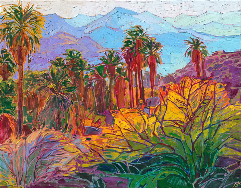 Hiking in Indian Canyons near Palm Springs is a wonderful experience. You are never far from the sounds of the oasis waters nearby, and the cool shade of the palms and ferns protect you from the desert heat beyond. This impressionist oil painting captures the wild beauty and color of the desert.</p><p>"Canyon Palms" was created on 1-1/2" canvas, with the painting continued around the edges. The piece arrives framed in a contemporary gold floater frame, ready to hang.