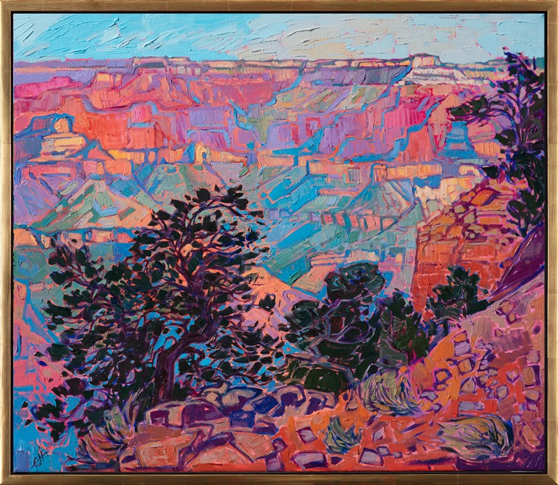 A rainbow wash of color illuminates the far wall of the Grand Canyon in this impressionist oil painting. Each brush stroke was thickly applied in loose, expressive motions.</p><p>"Canyon Rainbow" was created on 1-1/2" canvas, with the sides of the canvas painted. The painting is framed in a 23kt gold floater frame. 