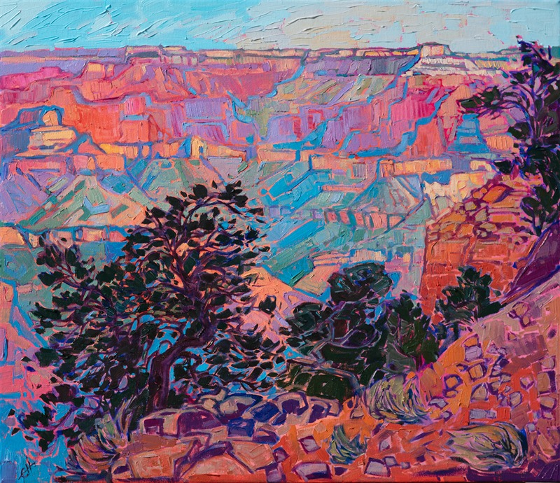 A rainbow wash of color illuminates the far wall of the Grand Canyon in this impressionist oil painting. Each brush stroke was thickly applied in loose, expressive motions.</p><p>"Canyon Rainbow" was created on 1-1/2" canvas, with the sides of the canvas painted. The painting is framed in a 23kt gold floater frame. 