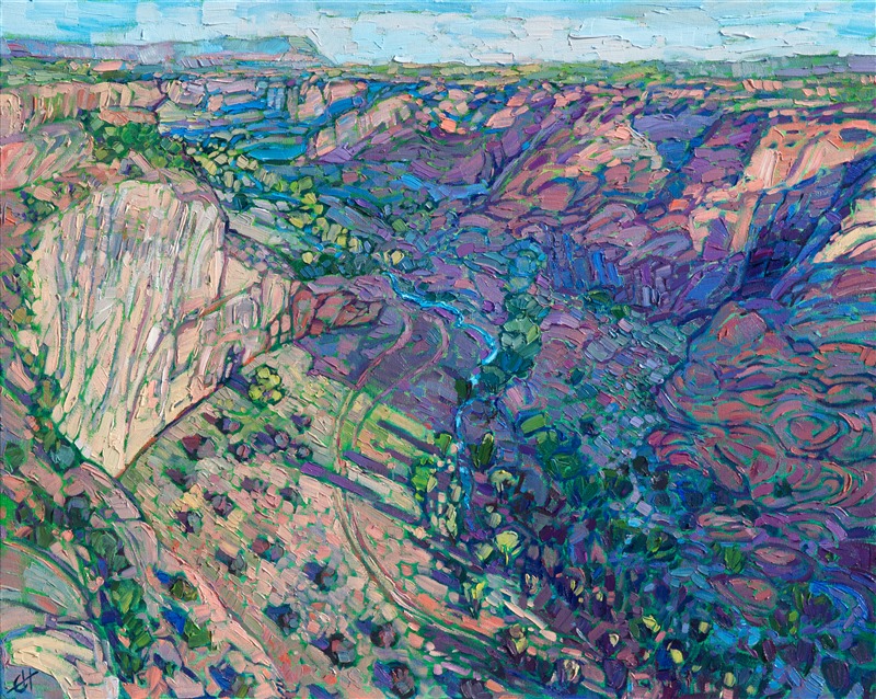 Warm light contrasts with rich shadows in this oil painting of Canyon de Chelly, Arizona.  This painting was inspired by the view standing on the very edge of the canyon, looking down onto the winding river and cottonwood trees below.  The painting captures the beautiful variety of color and textures you can find in the desert.</p><p>This painting was done on 1-1/2" canvas, with the painting continued around the edges.  It has been framed in a gilded and hand-carved floater frame.<br/>