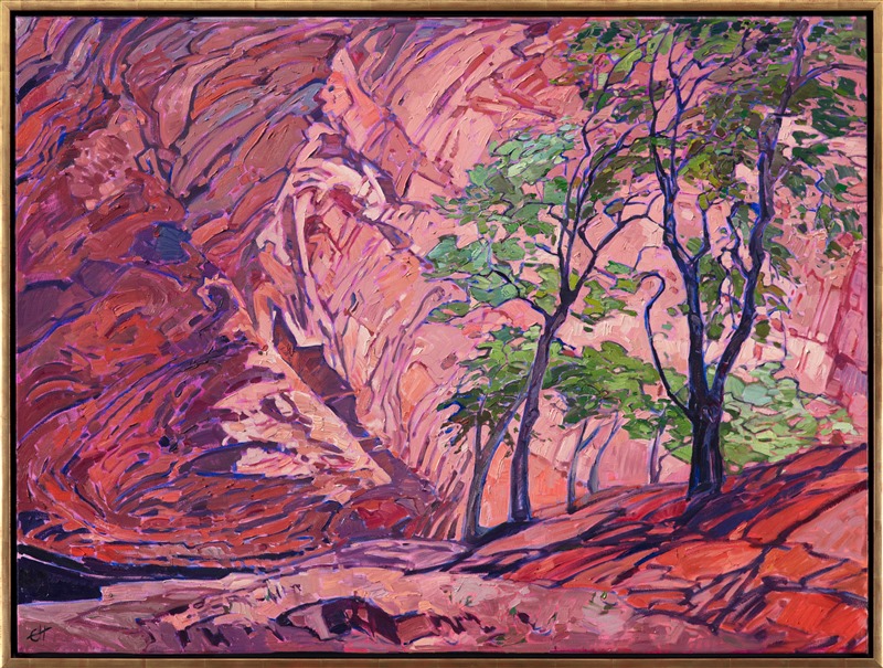 Hiking into Canyon de Chelly I discovered this family of cottonwood trees nestled under the curving wall of the canyon.  The reddish pink sandstone was the perfect contrast to the bright green leaves of the cottonwoods.  The brush strokes in this painting are thick and impressionistic, creating a mosaic of color and texture across the canvas.</p><p>This painting was created on 1-1/2" deep canvas, and it has been framed in a gold floater frame. </p><p>"Canyon Walls" was part of the artist's personal home collection.