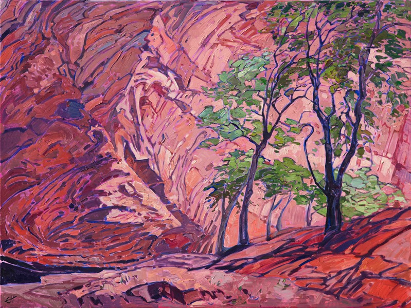 Hiking into Canyon de Chelly I discovered this family of cottonwood trees nestled under the curving wall of the canyon.  The reddish pink sandstone was the perfect contrast to the bright green leaves of the cottonwoods.  The brush strokes in this painting are thick and impressionistic, creating a mosaic of color and texture across the canvas.</p><p>This painting was created on 1-1/2" deep canvas, and it has been framed in a gold floater frame. </p><p>"Canyon Walls" was part of the artist's personal home collection.