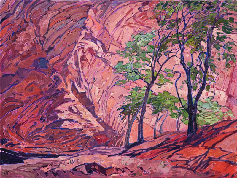 Hiking into Canyon de Chelly I discovered this family of cottonwood trees nestled under the curving wall of the canyon.  The reddish pink sandstone was the perfect contrast to the bright green leaves of the cottonwoods.  The brush strokes in this painting are thick and impressionistic, creating a mosaic of color and texture across the canvas.

This painting was created on 1-1/2" deep canvas, and it has been framed in a gold floater frame. 

"Canyon Walls" was part of the artist's personal home collection.