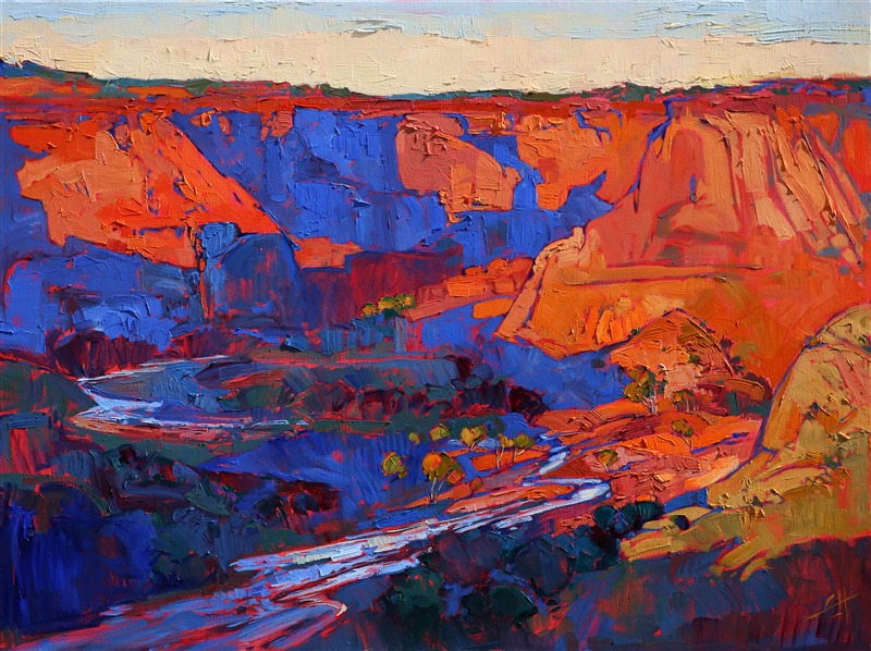 Spring greens emerge in the canyon wash of Canyon de Chelly, Arizona. This dramatic canyon, a little sister of the Grand Canyon, is a beautiful place to hike and horseback ride. The brush strokes in this painting are thick and impressionistic, creating a mosaic of color and texture.