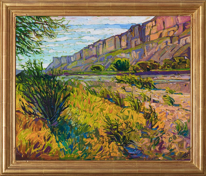 Big Bend National Park is most beautiful in the spring, when the reddish landscape becomes tinged with apple greens and golden yellows. This painting captures this scintillating color with loose, expressive brush strokes and thickly applied paint.</p><p>This painting will be on display at the Museum of the Big Bend, during the solo exhibition <i><a href="https://www.erinhanson.com/Event/MuseumoftheBigBend" target="_blank">Erin Hanson: Impressions of Big Bend Country.</a></i> This painting will be ready to ship after January 10th, 2019. <a href="https://www.erinhanson.com/Portfolio?col=Big_Bend_Museum_Show_2018">Click here</a> to view the collection.</p><p>This painting has been framed in a custom-made gold frame. The painting arrives ready to hang.