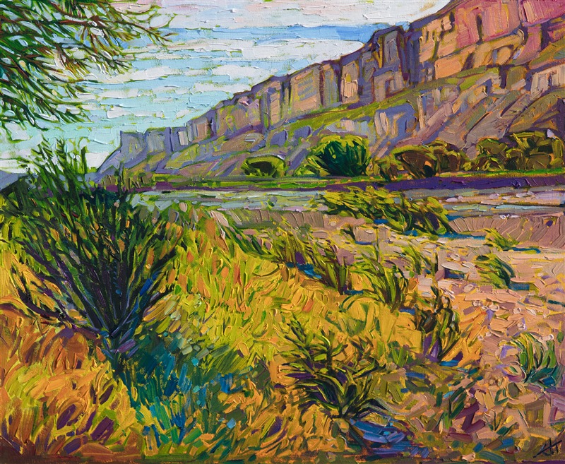 Big Bend National Park is most beautiful in the spring, when the reddish landscape becomes tinged with apple greens and golden yellows. This painting captures this scintillating color with loose, expressive brush strokes and thickly applied paint.

This painting will be on display at the Museum of the Big Bend, during the solo exhibition <i><a href="https://www.erinhanson.com/Event/MuseumoftheBigBend" target="_blank">Erin Hanson: Impressions of Big Bend Country.</a></i> This painting will be ready to ship after January 10th, 2019. <a href="https://www.erinhanson.com/Portfolio?col=Big_Bend_Museum_Show_2018">Click here</a> to view the collection.

This painting has been framed in a custom-made gold frame. The painting arrives ready to hang.