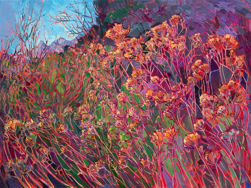 Canyonlands National Park is captured in abstracted color by artist Erin Hanson.  The dusky-colored wildflowers stand in groves of color, forming stained glass shapes with their tall branches.  The brush strokes are applied thickly, in a painterly fashion, allowing the natural movement of the landscape to come alive.

This painting was created on a gallery-depth canvas with the painting continued around the edges. The painting will arrive in a beautiful hardwood floater frame, ready to hang.

Exhibited: St George Art Museum, Utah, in a solo exhibition celebrating the National Park's centennial: <i><a href="https://www.erinhanson.com/Event/ErinHansonMuseumShow2016" target="_blank">Erin Hanson's Painted Parks</a></i>, 2016.