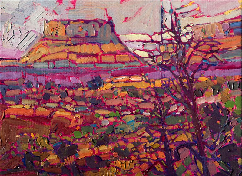 Canyonlands National Park is captured in vivid, contemporary oils by artist Erin Hanson.  The painting captures the awe one experiences when looking at the dramatic scenery of Canyonlands' northern park entrance.</p><p>This small oil painting was created on 3/4" canvas and arrives framed in a classic gilt frame, ready to hang.</p><p>Exhibited: St George Art Museum, Utah, in a solo exhibition celebrating the National Park's centennial: <i><a href="https://www.erinhanson.com/Event/ErinHansonMuseumShow2016" target="_blank">Erin Hanson's Painted Parks</a></i>, 2016.