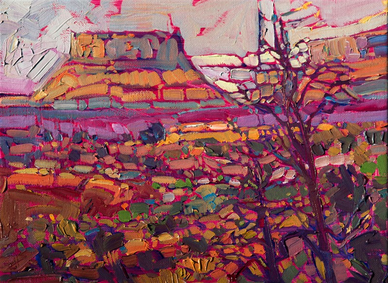 Canyonlands National Park is captured in vivid, contemporary oils by artist Erin Hanson.  The painting captures the awe one experiences when looking at the dramatic scenery of Canyonlands' northern park entrance.

This small oil painting was created on 3/4" canvas and arrives framed in a classic gilt frame, ready to hang.

Exhibited: St George Art Museum, Utah, in a solo exhibition celebrating the National Park's centennial: <i><a href="https://www.erinhanson.com/Event/ErinHansonMuseumShow2016" target="_blank">Erin Hanson's Painted Parks</a></i>, 2016.