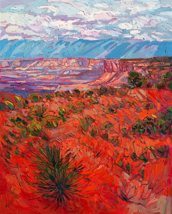 Afternoon light filters through low clouds hanging over Canyonlands National Park, in Utah.  This stunning red rock vista is almost too beautiful to comprehend in person, and this painting captures that transient light and incredible beauty of the moment.</p><p>This painting was created on a gallery-depth canvas with the painting continued around the edges. The painting will arrive in a beautiful hardwood floater frame, ready to hang.</p><p>Exhibited: St George Art Museum, Utah, in a solo exhibition celebrating the National Park's centennial: <i><a href="https://www.erinhanson.com/Event/ErinHansonMuseumShow2016" target="_blank">Erin Hanson's Painted Parks</a></i>, 2016.