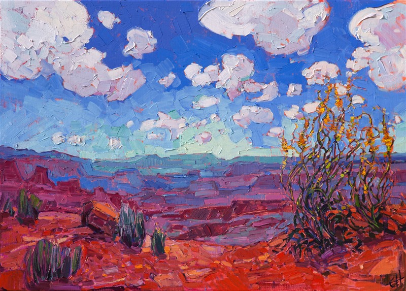 This painting of Canyonlands National Park was inspired by the southern entrance to the canyon.  The spring flowers growing by the cliff's edge, standing up against the vigourous wind, were a beautiful contrast against the desert blue sky and the distant layers of red rock.  The brush strokes in this painting are thick and blocky, an impressionistic vision of southern Utah.</p><p>This painting was created on 1-1/2" deep canvas, with the painting continued around the sides. 