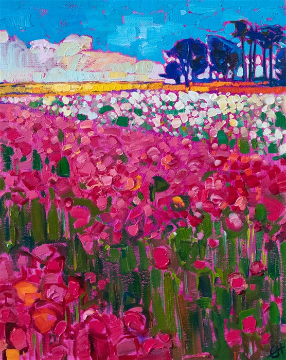 The Carlsbad flower field is captured on canvas in vivid hues of rose and cadmium yellow. The brush strokes are loose and impressionistic, creating a mosaic of color and texture.</p><p>"Carlsbad Blooms" was created on fine linen board, and the painting arrives framed in a hand-carved and gilded plein air frame.