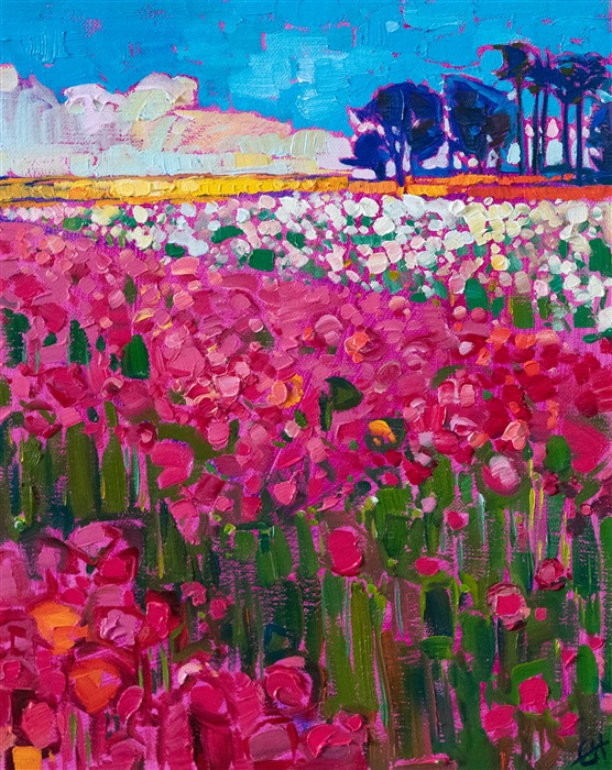 The Carlsbad flower field is captured on canvas in vivid hues of rose and cadmium yellow. The brush strokes are loose and impressionistic, creating a mosaic of color and texture.

"Carlsbad Blooms" was created on fine linen board, and the painting arrives framed in a hand-carved and gilded plein air frame.