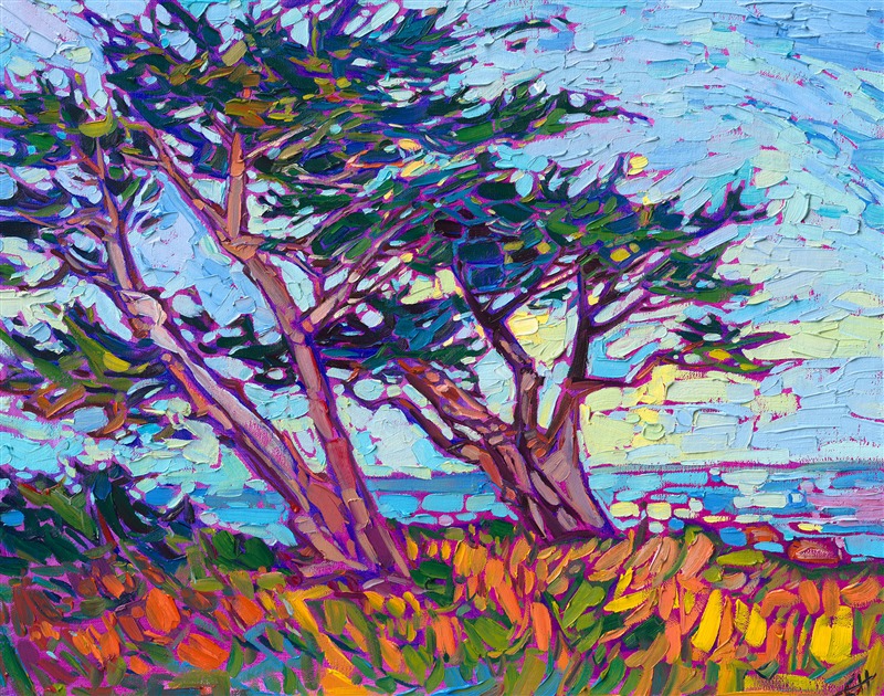 Carmel-by-the-Sea is captured in vivid, saturated hues, and impasto brush strokes. This petite oil painting captures all the wide vista of the sea on a small canvas.</p><p>"Carmel Blues" is an original oil painting on linen board. The piece arrives framed in a gold plein air frame, ready to hang.