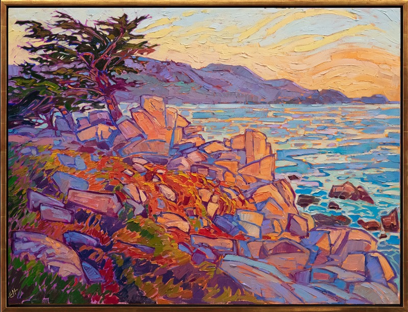 A grove of Monterey cypress trees stands atop a rocky outcropping near Carmel, California. The thickly applied brush strokes and expressive colors capture the beauty of the coastline.</p><p>"Carmel Cypress" was created on 1-1/2" canvas, with the painting continued around the edges. The piece arrives framed in a contemporary gold floater frame, ready to hang.