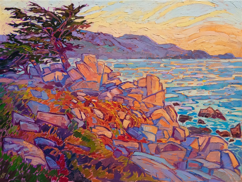 A grove of Monterey cypress trees stands atop a rocky outcropping near Carmel, California. The thickly applied brush strokes and expressive colors capture the beauty of the coastline.</p><p>"Carmel Cypress" was created on 1-1/2" canvas, with the painting continued around the edges. The piece arrives framed in a contemporary gold floater frame, ready to hang.