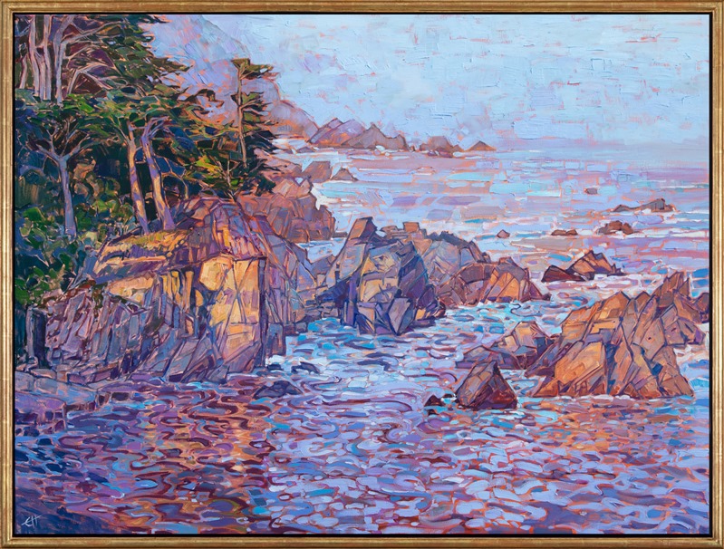 Early morning brings a glow of color over the Carmel coastline. The rocky waters reflect the lavender and opal colors of a misty dawn. Each impressionistic brushstroke adds texture and motion to the overall composition of the piece.</p><p>"Carmel Dawn" was created on 1-1/2" canvas, with the painting continued around the edges. The piece arrives framed in a 23K gold floater frame.