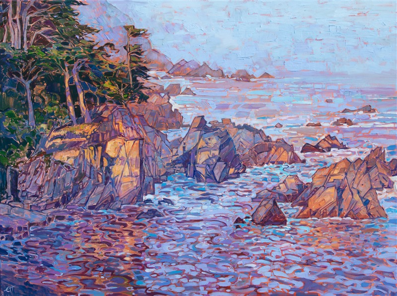 Early morning brings a glow of color over the Carmel coastline. The rocky waters reflect the lavender and opal colors of a misty dawn. Each impressionistic brushstroke adds texture and motion to the overall composition of the piece.</p><p>"Carmel Dawn" was created on 1-1/2" canvas, with the painting continued around the edges. The piece arrives framed in a 23K gold floater frame.